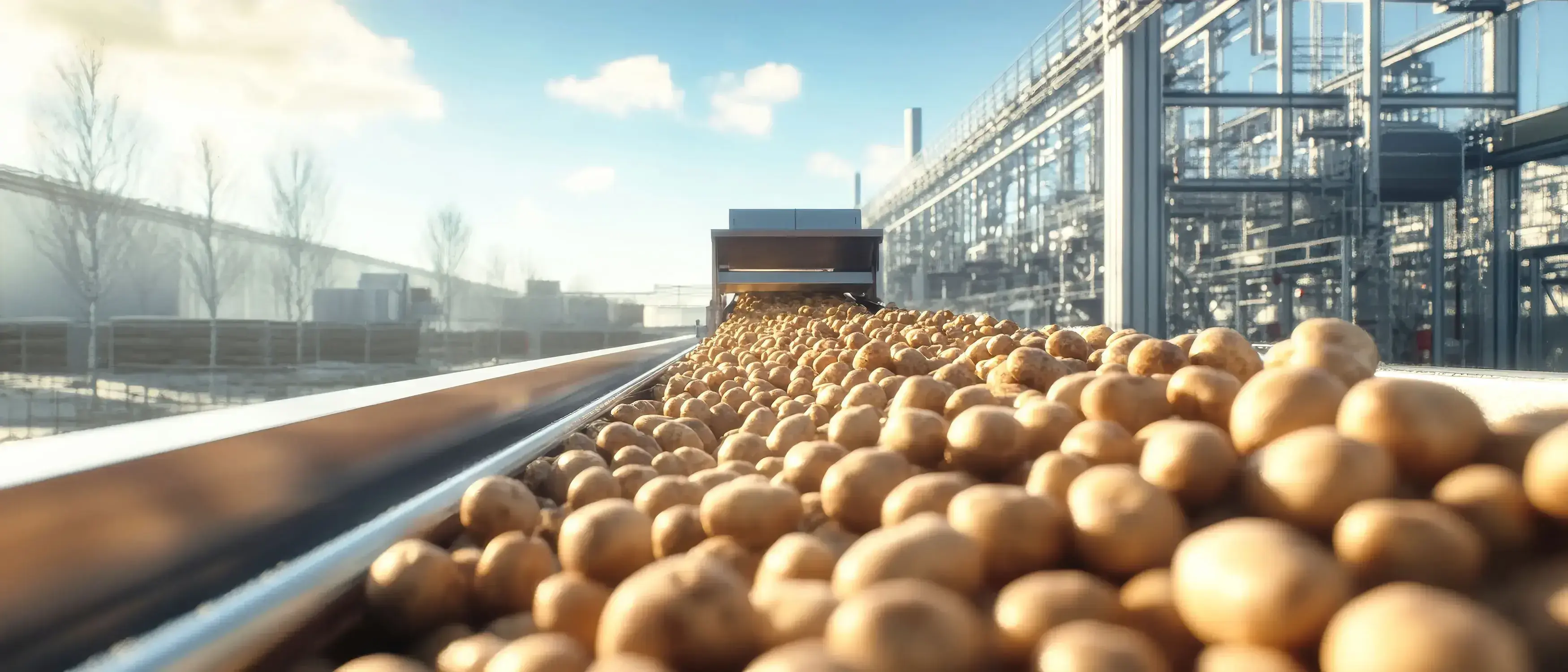 Een lopende band vol verse aardappelen beweegt door een industriële voedselverwerkingsfaciliteit. De foto is genomen vanuit een laag perspectief, waardoor de stroom aardappelen centraal staat. Op de achtergrond zijn metalen structuren, pijpleidingen en een helderblauwe lucht met enkele wolken zichtbaar.