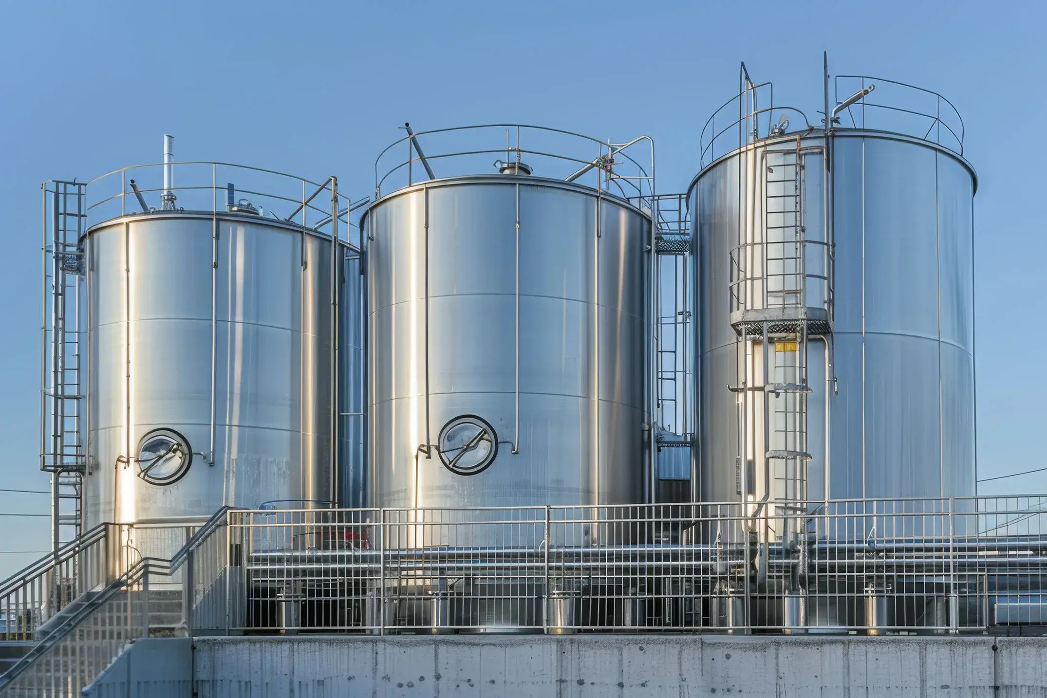 Drie grote, zilverkleurige opslagtanks van roestvrij staal, waarschijnlijk gebruikt voor de opslag van vloeistoffen of voedingsmiddelen. De tanks hebben ronde inspectieluiken, ladders en veiligheidsrelingen aan de bovenkant. Op de voorgrond is een metalen platform met trappen en leuningen zichtbaar. De lucht is helder en blauw.