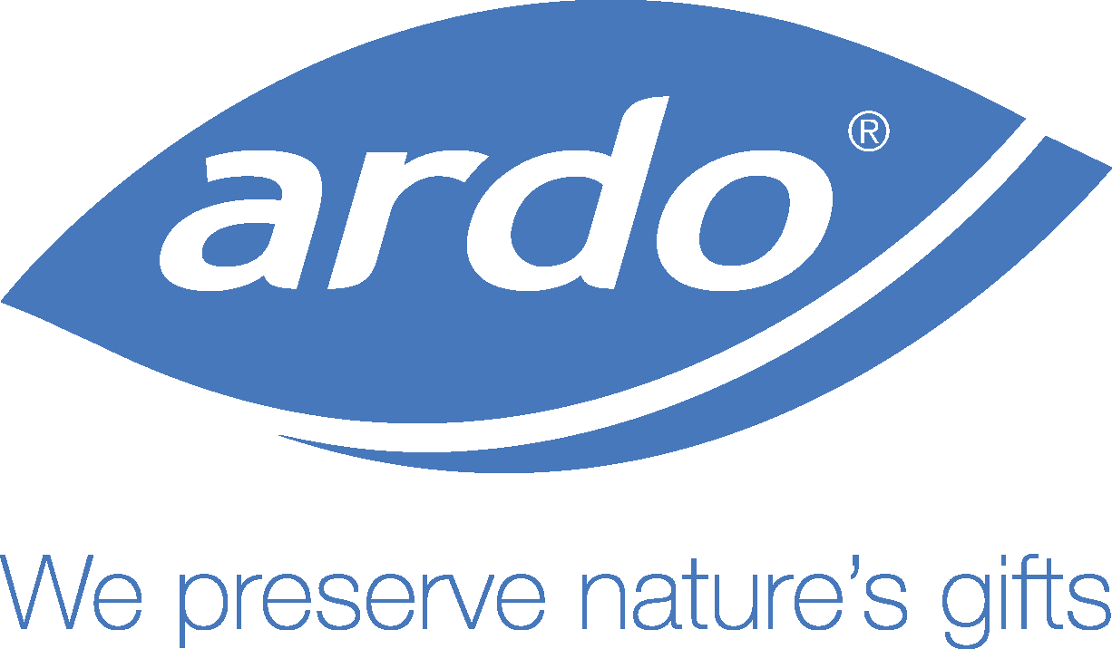 The Ardo logo, consisting of the brand name &quot;Ardo&quot; in white, italic letters within a stylized blue leaf shape. Under the logo is the slogan &quot;We Preserve Nature&#39;s Gifts&quot; in blue letters.