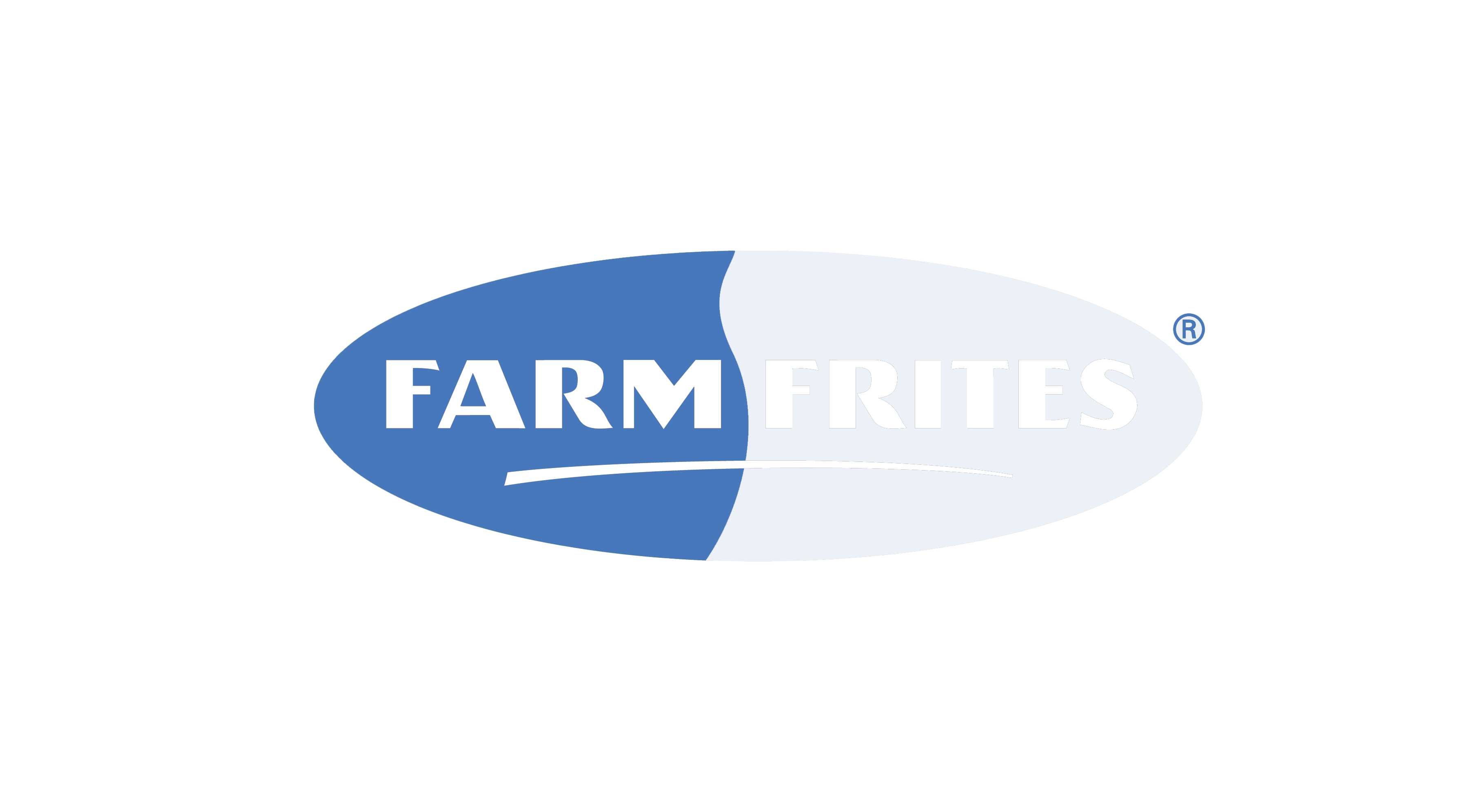 The Logo of Farm Frites, consisting of an oval shape that is divided into two halves: a blue left half and a white right half. In the middle is the brand name &quot;Farm Frites&quot; in capital letters, with &quot;Farm&quot; in white and &quot;fries&quot; in light gray. At the top right The oval is a small ® symbol.