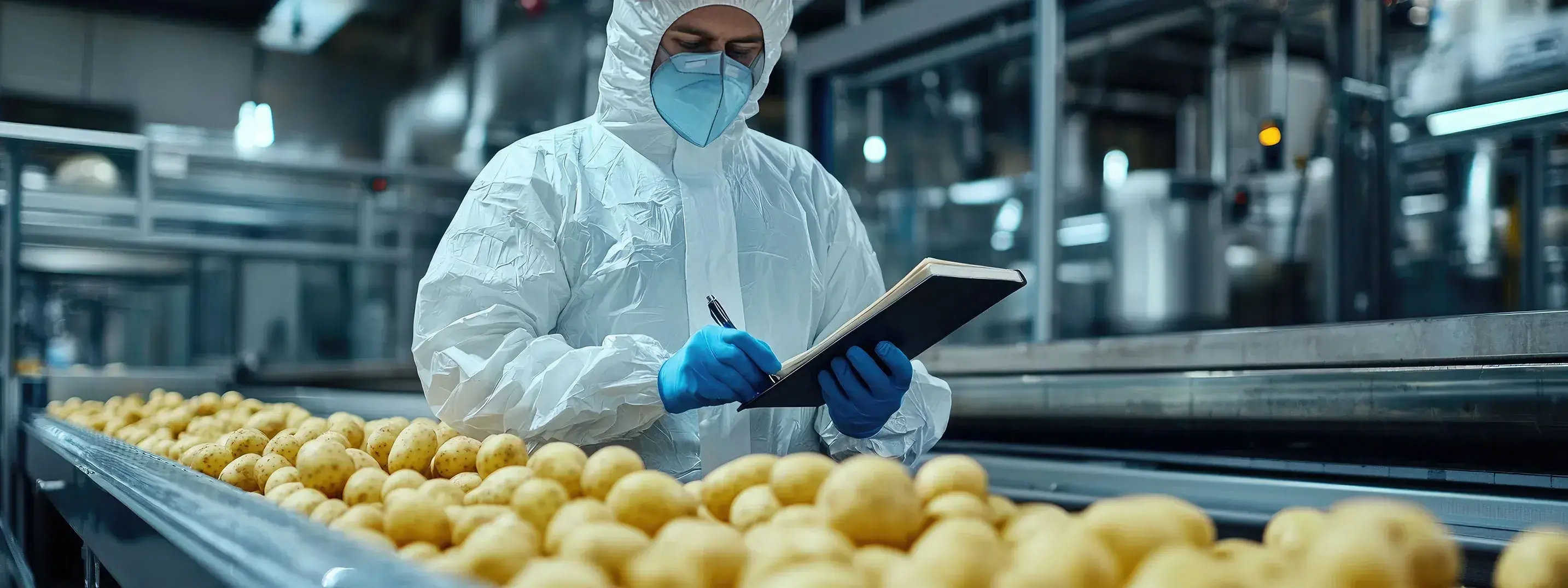Een medewerker in een witte beschermende overall, mondmasker en blauwe handschoenen inspecteert een lopende band vol met aardappelen in een voedselverwerkingsfabriek. De persoon houdt een notitieblok vast en maakt aantekeningen, terwijl op de achtergrond machines en productielijnen zichtbaar zijn.